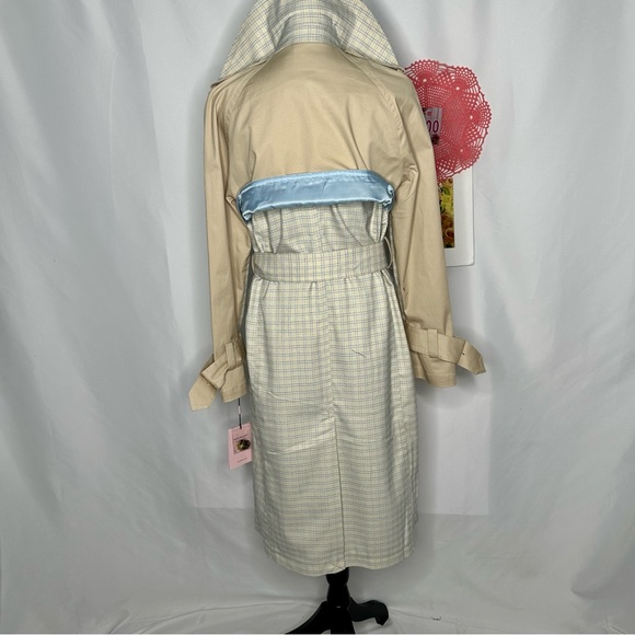 NWT Avec Les Filles Tan and Blue Plaid patchwork Trenchcoat Medium - Picture 5 of 16